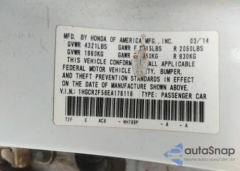 2014 Honda Accord Sport z USA, uszkodzony, nr VIN 1HGCR2F56EA176118